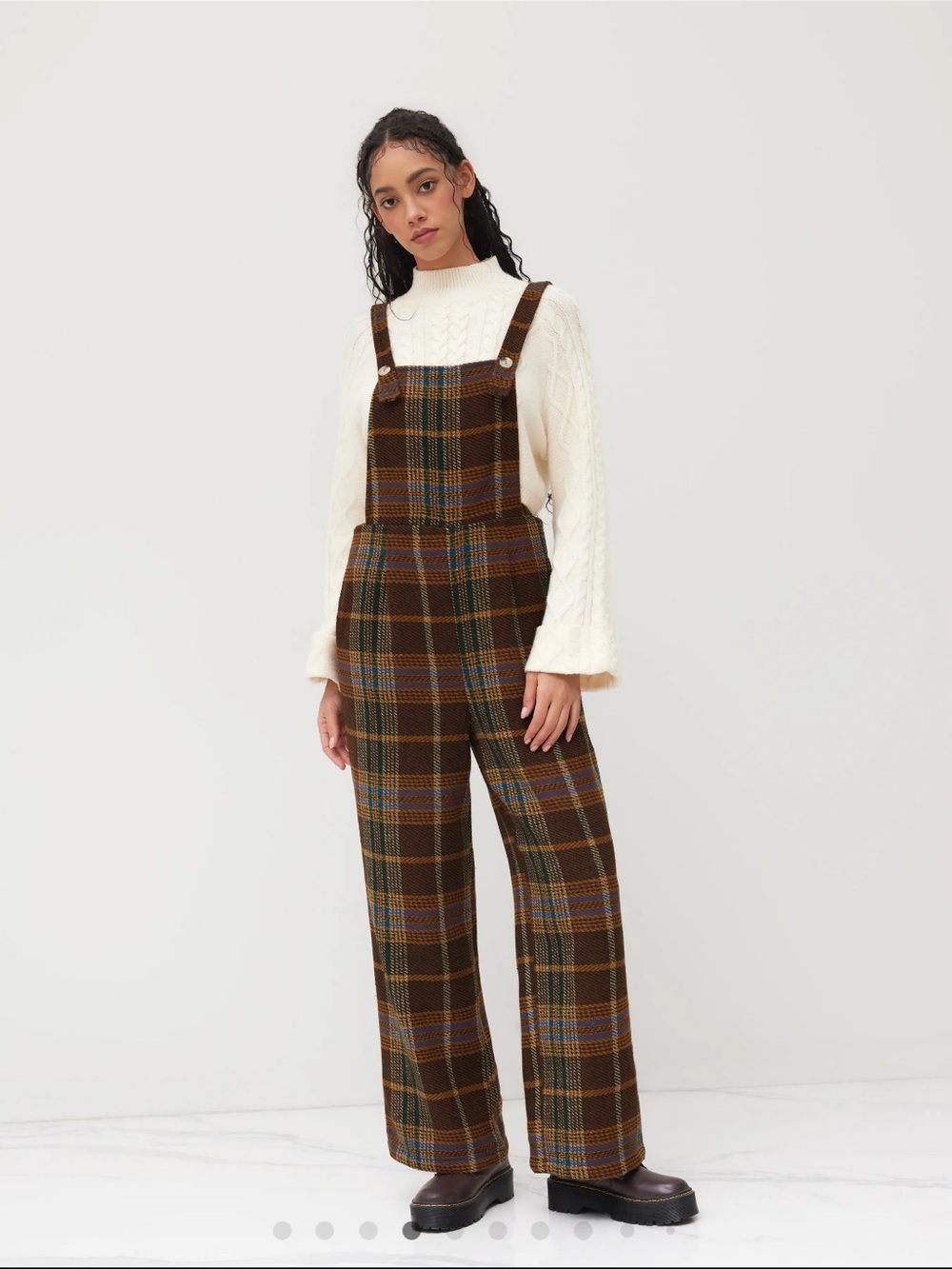 Cider TWEED PLAID BUTTON UP WIDE LEG JUMPSUIT